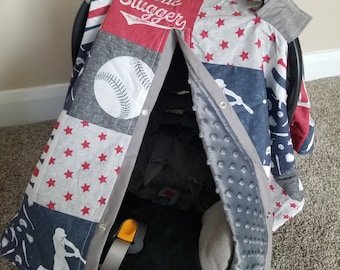 Baseball and Grey Minky Car seat Canopy, Baby Shower Gift, Baby Boy Carseat Cover Car Seat