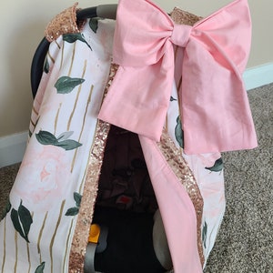 Floral Baby Carseat Cover, Rose Gold Striped Floral Car Seat Canopy, Sequin Carseat Cover, Baby Shower Gift READY TO SHIP