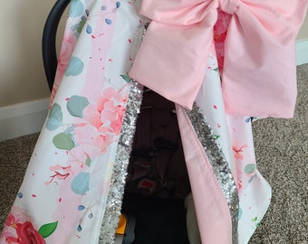 Pink Stripe Roses Car Seat Canopy, Gifts for Newborn, Baby Girl Car Seat Canopy, READY TO SHIP