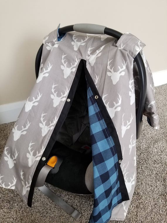 Car Seat Canopy Grey Buck Blue Plaid Deer Cover Cat Boy