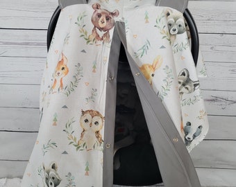 Woodland Carseat Cover, Owl Bear Fox Deer w / Grey, Gepersonaliseerde Baby Shower Gift, Baby Boy Car Seat Canopy voor Baby Boy