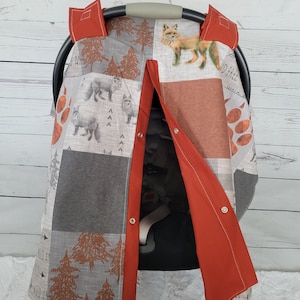 Rust Fox Baby Boy Car Seat Cover Canopy, Personalized Baby Shower Gift, Baby Boy Car Seat Canopy