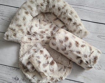 Leopard Fur Baby Car Seat Cover Bundle Set - Infant Car Seat Cushions - Infant Head Support Pillow - Arm Cushion - Infant Strap Covers