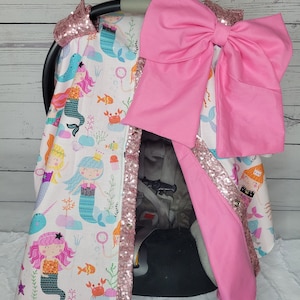 Mermaid and Pink Carseat Cover, Mermaid and Pink w/ Rose Gold Sparkle, Baby Shower Gift, Baby Girl Car Seat Canopy, READY TO SHIP