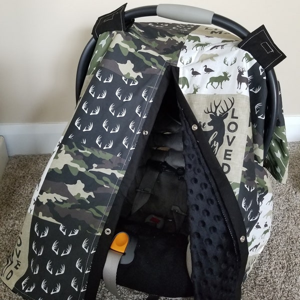 Woodland Camo with Black Minky Car seat Canopy, Baby Shower Gift, Baby Boy Car Seat