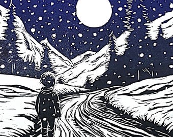 Sleepless Night - The silence and magic of a snowy night - The wonder of childhood. Linocut in a gradient from blue to black