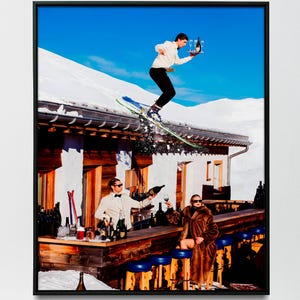 Vintage Skiing Poster - Ski fahrende Kunst, Apres Ski Skihütte Dekor, Wintersport für Barwagen oder Hütte