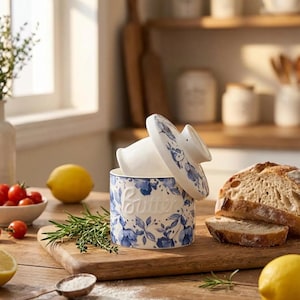 Puede incluir: Una mantequera de cerámica blanca con un diseño floral azul y la palabra "Butter" en relieve. La tapa está quitada, revelando el interior. Pan en rodajas, limones y hierbas están sobre una tabla de cortar de madera.