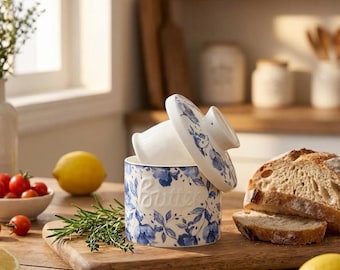 Pot à beurre français avec couvercle étanche — pot à beurre en céramique à glaçure réactive vintage pour plan de travail