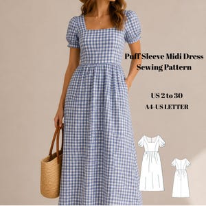 Op de afbeelding: Een blauw-witte gingham midi-jurk met pofmouwen, een vierkante halslijn en een getailleerd lijfje. Tekst leest: Puff Sleeve Midi Dress Sewing Pattern, US 2 to 30, A4-US LETTER. Inclusief een zwart-witte lijntekening van het jurkontwerp.