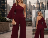 Burgundy One Shoulder Jumpsuit Pattern, Wide Leg Romper Sewing (PDF Pattern)