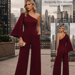 Burgundy One Shoulder Jumpsuit Pattern, Wide Leg Romper Sewing (PDF Pattern)