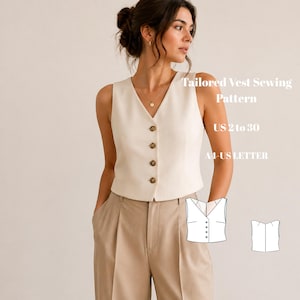 Puede incluir: Un chaleco a medida de color crema con cuello en V y cuatro botones marrones. El chaleco es sin mangas y se combina con pantalones color beige. El texto en la imagen dice "Tailored Vest Sewing Pattern US 2 to 30 A4-US LETTER".