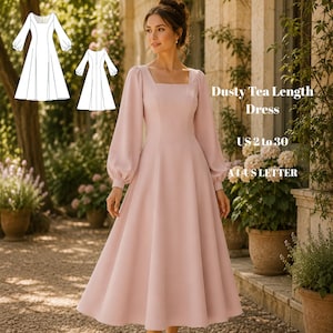 May include: A dusty rose tea-length dress with a square neckline and long, voluminous sleeves. The dress features a fitted bodice and a flared skirt. The image also includes a dress pattern and the text "Dusty Tea Length Dress US 2 to 30 A4 US LETTER".