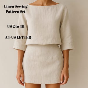 Peut inclure: Ensemble deux pièces en lin beige, composé d'un haut à manches trois-quarts et col bateau, assorti d'une mini-jupe. Le texte de l'image indique "Linen Sewing Pattern Set" et "US 2 to 30".