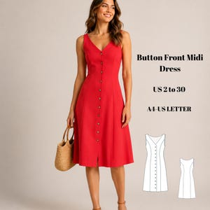 May include: A bright red midi dress featuring a V-neckline, sleeveless bodice, and a vertical row of buttons down the front. The text reads Button Front Midi Dress, US 2 to 30, and A4-US LETTER, accompanied by two line-art sketches of the dress design.