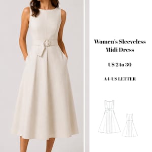 May include: A sleeveless midi dress in a solid off-white color featuring a round neckline, a fitted bodice, and a waist belt with a circular buckle. The text reads: Women's Sleeveless Midi Dress, US 2 to 30, A4-US LETTER, with line drawings.
