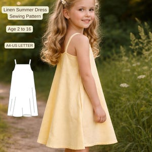 Könnte beinhalten: Ein junges Mädchen trägt ein gelbes Sommerkleid aus Leinen. Das Kleid hat dünne Träger und einen ausgestellten Rock. Das Bild enthält auch ein Schnittmuster für das Kleid mit dem Text "Linen Summer Dress Sewing Pattern", "Age 2 to 16" und "A4-US LETTER".