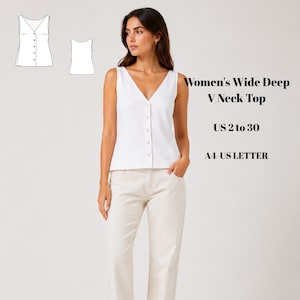 Può includere: Un top bianco senza maniche con scollo a V profondo e abbottonatura frontale. Il testo recita: Wide Deep V Neck Top, US 2 to 30, A4-US LETTER. Include un disegno tecnico della vista frontale e posteriore del cartamodello.