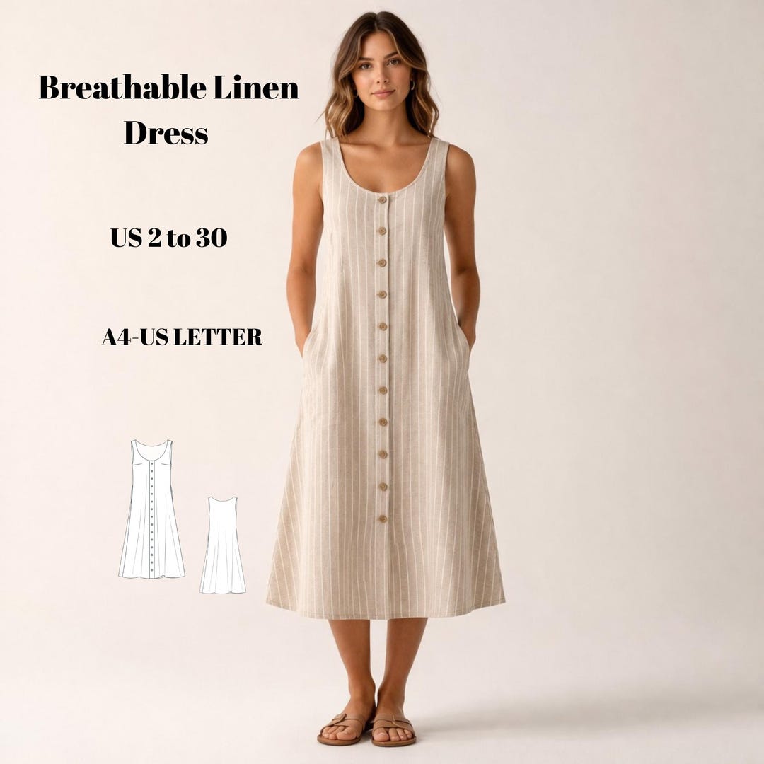 Pattern Relaxed Linen Midi Dress Sewing Pattern, Relaxed Fit Button Down (US 2-30) - Etsy