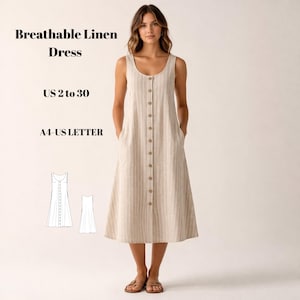 Puede incluir: Vestido de lino beige sin mangas con rayas verticales y botones frontales. El vestido tiene cuello redondo, bolsillos y llega hasta la pantorrilla. El texto en la imagen dice: "Breathable Linen Dress", "US 2 to 30", y "A4-US LETTER".
