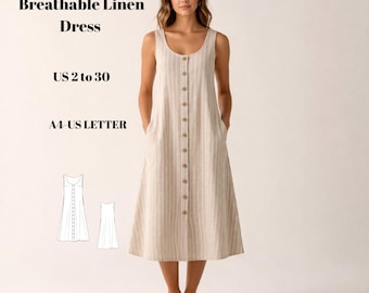 Linen Midi Dress Sewing Pattern, Relaxed Fit Button Down (US 2-30)