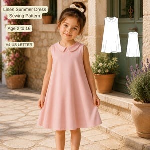 May include: A young girl wearing a sleeveless, light pink dress with a Peter Pan collar. The dress is a sewing pattern for ages 2 to 16, made for A4-US LETTER paper. The image also shows a line drawing of the dress.