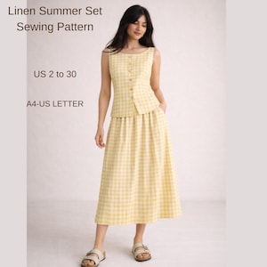 Puede incluir: Un patrón de costura para un conjunto de verano de lino a cuadros amarillos y blancos. El conjunto incluye un top sin mangas con botones y una falda midi. El texto en la imagen dice "Linen Summer Set Sewing Pattern", "US 2 to 30" y "A4-US LETTER".