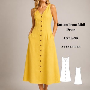 Button Front Midi Dress Sewing Pattern, A-Line Summer Style, Sizes 2-30 (PDF)
