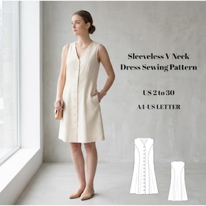 Può includere: Un abito senza maniche color crema che arriva al ginocchio, con scollo a V e abbottonatura frontale. Il testo recita: Sleeveless V Neck Dress Sewing Pattern, US 2 to 30, A4-US LETTER. Include un disegno tecnico in bianco e nero del modello.