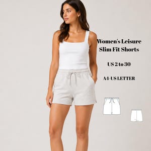 May include: Light grey shorts with an elastic waistband and drawstring, paired with a white tank top. Text reads: Leisure Slim Fit Shorts, US 2 to 30, A4-US LETTER. Includes two line-art diagrams of the shorts showing front and back views.