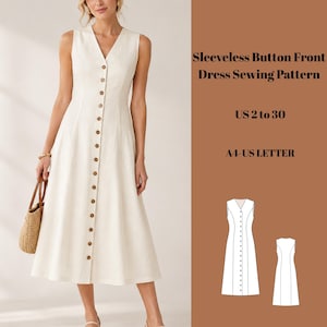 Peut inclure: Un patron de couture pour robe sans manches boutonnée à l'avant, tailles US 2 à 30, formats A4 et US Letter. Le modèle présente un décolleté en V, une rangée de boutons sur toute la longueur et une jupe évasée, illustré en blanc.