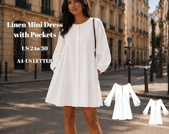 Linen Mini Dress Sewing Pattern, Loose Fit, Balloon Sleeve, Pockets (US 2-30)