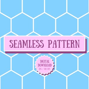 Könnte beinhalten: Digitales nahtloses Musterdesign mit hellblauem Hintergrund und weißen sechseckigen Formen. Der Text "SEAMLESS PATTERN" befindet sich auf einem rosa Banner. Eine rosa Sternburst-Grafik zeigt "DIGITAL DOWNLOAD JPG / 300 DPI".