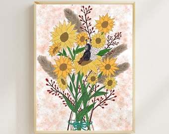 Kunstdruck Blumen und Biene | Handgezeichnete Illustration für Wanddeko | Aquarell Poster in A4 oder A3 | Floral Art Print | Flower Wall Art