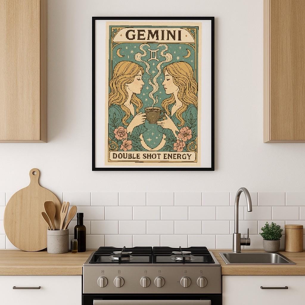 Gemini Zodiac Poster – Double Shot Energy | Art Nouveau Astrology Wall ...