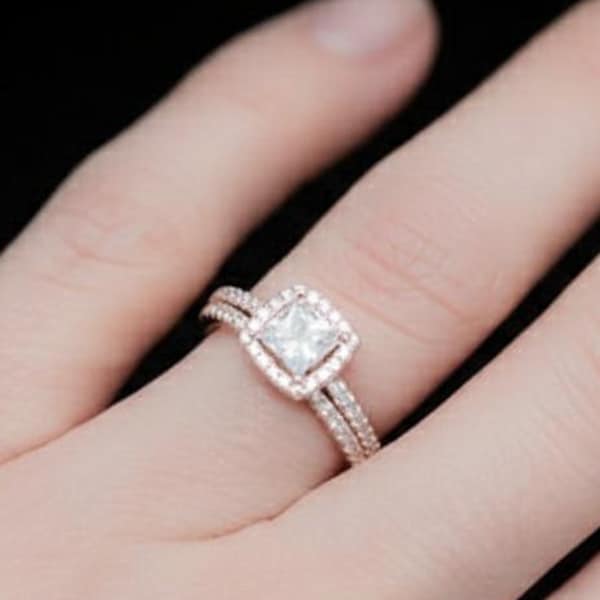 Cushion Halo Bridal Set, 1CT Moissanite Engagement, Rose Gold, Pave Diamond Band