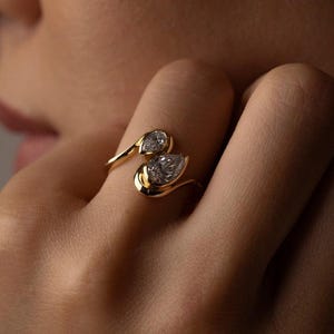Pear Cut Two Stone Ring | Unique Toi et Moi Moissanite Ring | 14K Gold Anniversary Gift | Double Stone Engagement Ring | Promise Ring