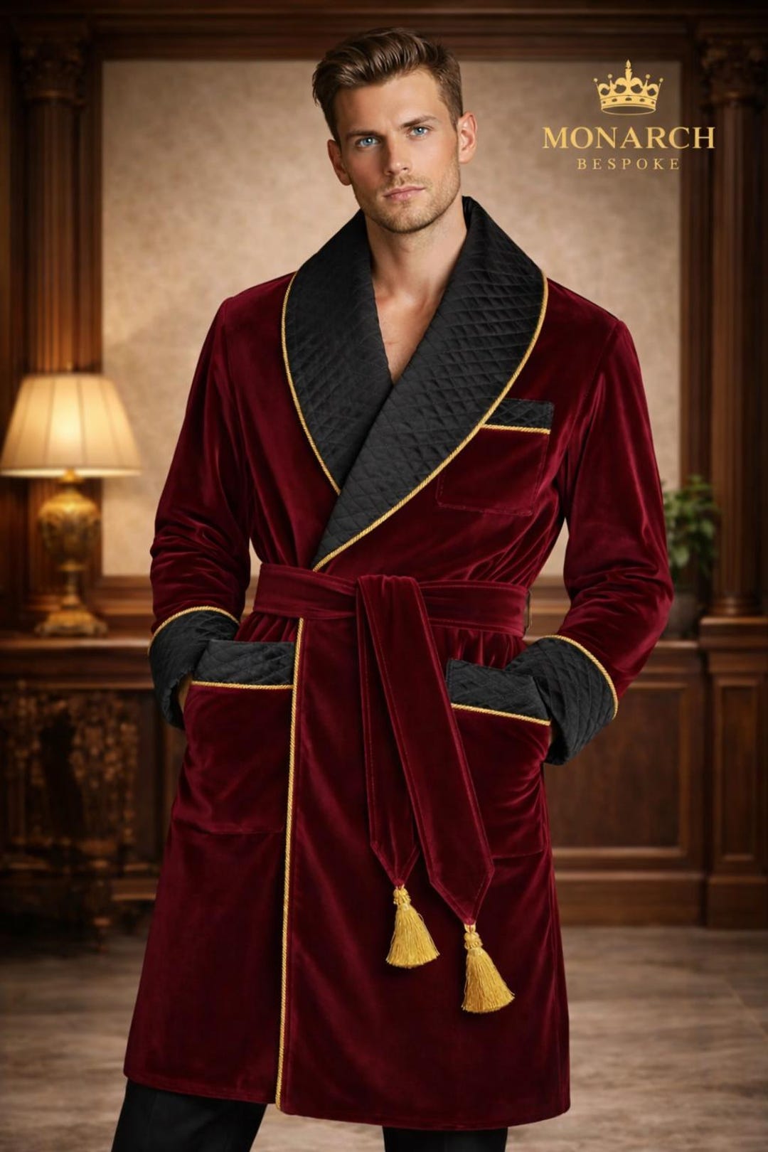 Men's Smoking Robe Men's Luxury Burgundy Velvet Smoking Robe for Men | Quilted Shawl ...
