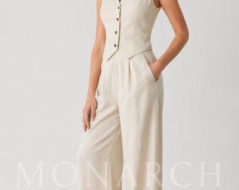 Conjunto de lino para mujer | Chaleco beige y pantalón de pierna ancha | Atuendo minimalista de verano | Elegante conjunto de dos piezas para mujer