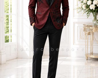 Burgundy Embroidered Tuxedo Suit for Men, Handmade Floral Blazer, Luxury Wedding Suit, Designer Prom Suit, gift for him.