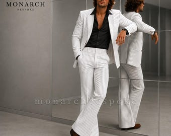 70s Flared Suit, White Pinstripe Suit for Men, Terry Rayon Retro Suit, Vintage Disco Suit, Wide Leg Men's Suit, Statement Wedding Suit