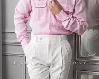 Pink Linen Shirt for Men, Premium Pure Linen Shirt, Luxury Summer Shirt, Retro v neck linen shirt Camp Collar Shirt, gift for him