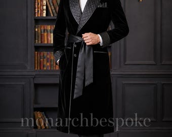 Men's Luxury Black Velvet Robe | Quilted Shawl Collar Tuxedo Style | Premium formal loungewear