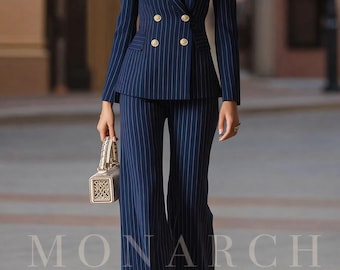 Women Navy Pinstripe Suit Set | Double Breasted Blazer & Wide Leg Pants | Elegant Business Suit  | Formal Office Wear Set | gift for him