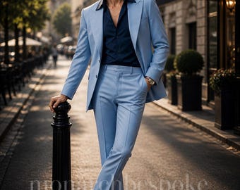 Light Blue Vintage 70s Flared Pants Suit | Men's Tailored Retro Style Formal Wear