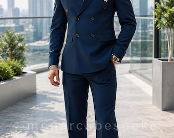Granatowy dwurzędowy garnitur męski, garnitur z rozcięciem typu bootcut w stylu lat 70., ręcznie robiony męski garnitur vintage w stylu lat 70., elegancki garnitur dla pana młodego