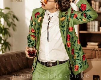 men's Green Embroidered Suit , Floral Designer Blazer Suit, Luxury Statement Menswear, Retro Inspired Wedding Suit, Handmade Embroidery