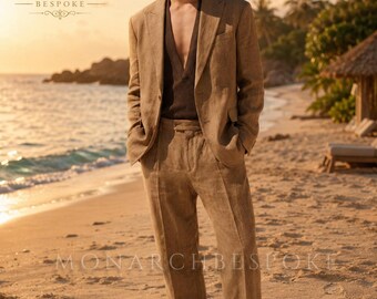 1970s Vintage Style Brown Linen Suit for Men, Relaxed Blazer Wide Leg Pants Set, Summer Resort Wear, Wedding Guest Outfit - Gift for him