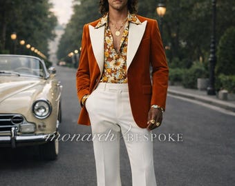 Vintage Groom Outfit | 70s Disco Suit for Men | Rust Velvet Blazer with Wide Lapel | White Flared Pants, Retro Wedding Suit | gift for him.